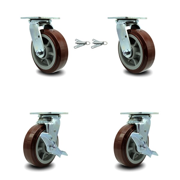 6 Inch Polyurethane Caster Set with Roller Bearings 2 Swivel Lock 2 Brake SCC